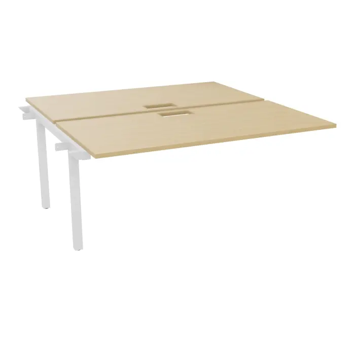 Table bench suivant Arial 2 plateaux L. 160 x P. 80 x H. 73,5 cm découpés pour trappe mélamine Chêne naturel piètement arche carrée fixe métal lisse blanc