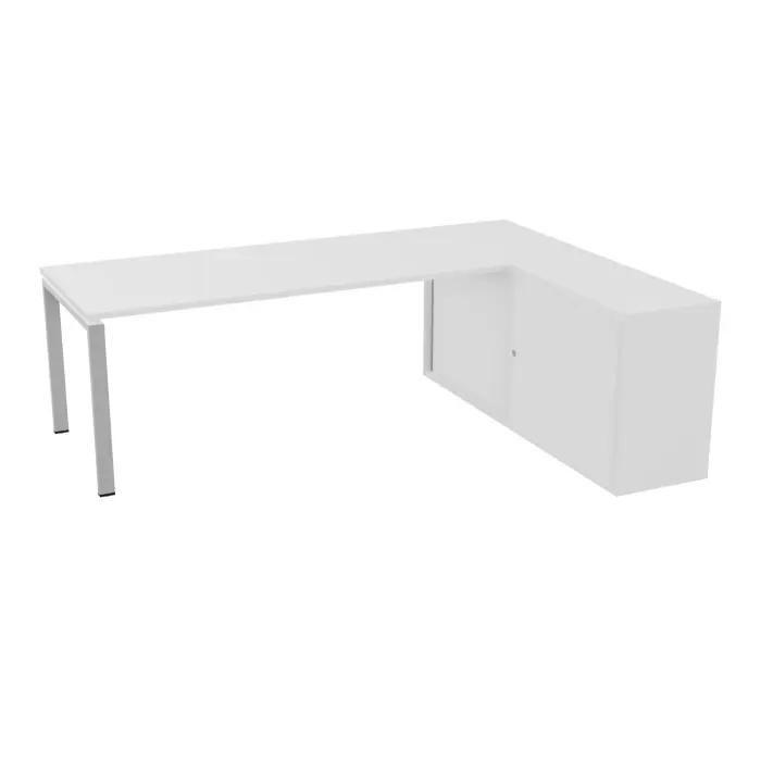 Table de bureau rectangulaire Conect L. 223 x P. 165 cm décor mélamine blanc neige sur pieds fixes arche finition métal lisse gris aluminium et retour hauteur bureau portes coulissantes mélamine blanc neige - a