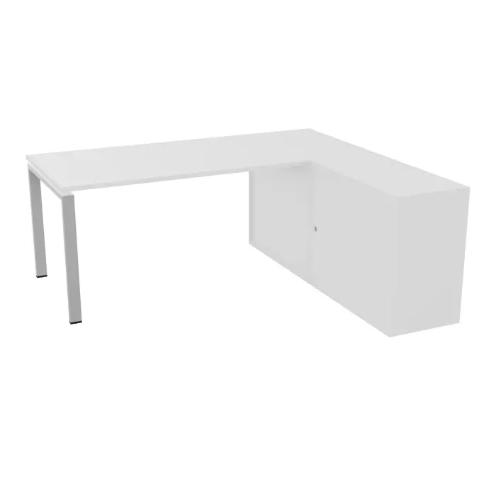 Table de bureau rectangulaire Conect L. 183 x P. 165 cm décor mélamine blanc neige sur pied arche fixe finition métal lisse gris aluminium et retour hauteur bureau portes coulissantes coloris mélamine blanc nei