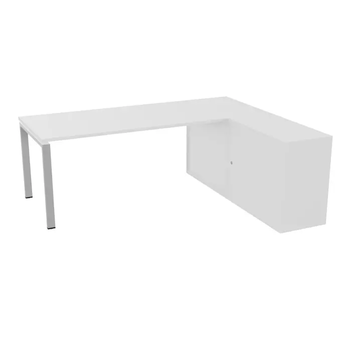 Table de bureau rectangulaire Conect L. 203 x P. 165 cm décor mélamine blanc neige sur pied arche fixe finition métal lisse gris aluminium et retour hauteur bureau portes coulissantes coloris mélamine blanc nei