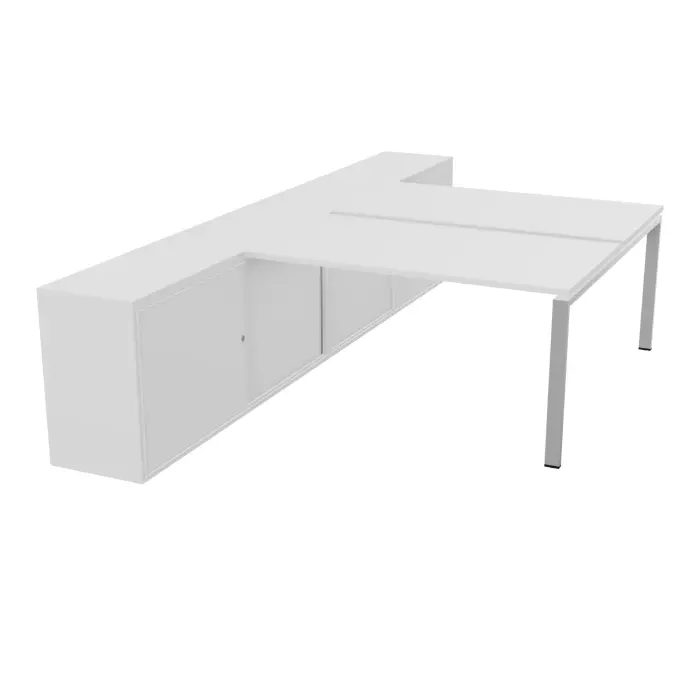 Bureau bench Conect avec rangement L. 183 x P. 330 cm - 2 plateaux rectangulaires ép. 25 mm mélamine blanc neige - piétement arche rectangulaire fixe métal lisse gris aluminium - rangement hauteur bureau portes
