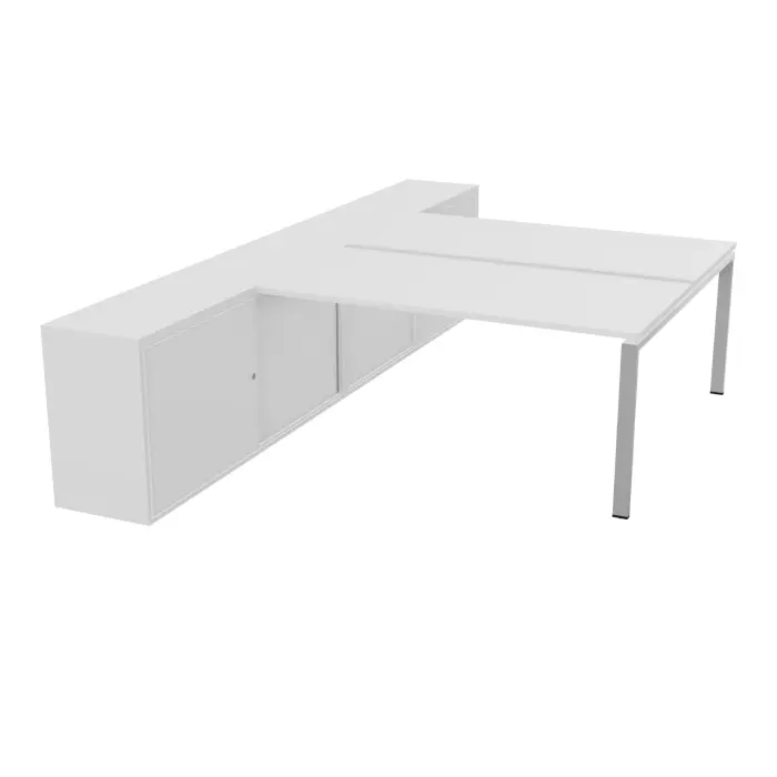 Bureau bench Conect avec rangement L. 203 x P. 330 cm - 2 plateaux rectangulaires ép. 25 mm mélamine blanc neige - piétement arche rectangulaire fixe métal lisse gris aluminium - rangement hauteur bureau portes