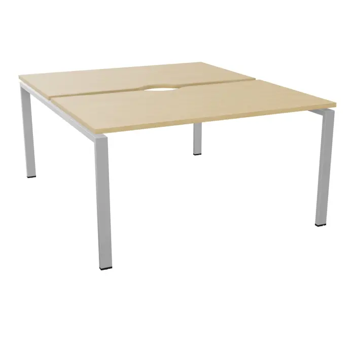 Bureau bench Conect L. 140 x P. 165 cm - 2 plateaux avec échancrure ép. 25 mm mélamine Chêne naturel - piétement arche rectangulaire fixe métal lisse gris aluminium