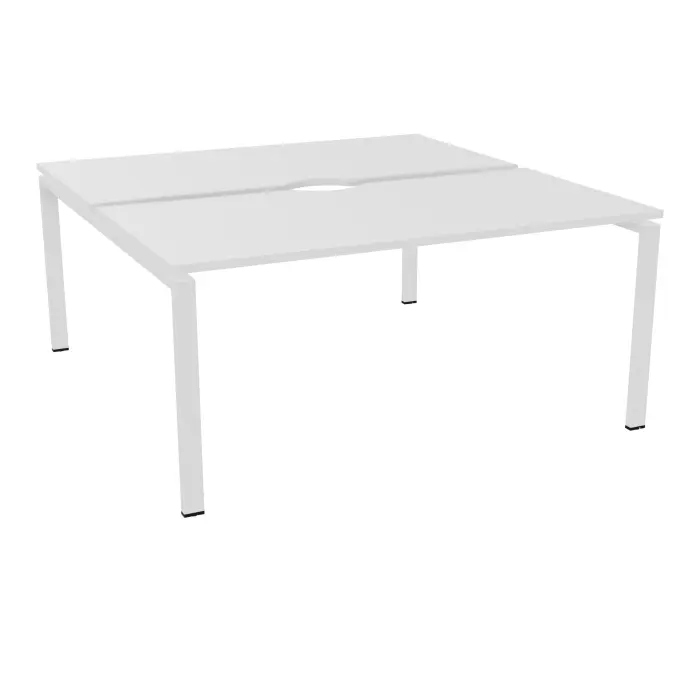 Bureau bench Conect L. 160 x P. 165 cm - 2 plateaux avec échancrure ép. 25 mm mélamine blanc neige - piétement arche rectangulaire fixe métal lisse blanc