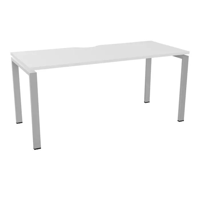 Table de bureau rectangulaire Conect avec échancrure L. 160 x P. 70 cm décor mélamine blanc neige sur pieds arche fixes finition métal lisse gris aluminium