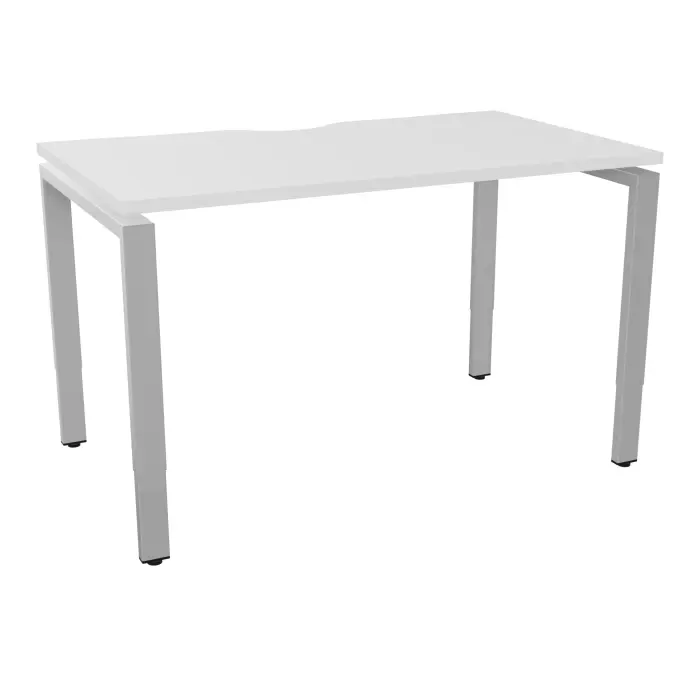 Table de bureau rectangulaire Conect avec échancrure L. 120 x P. 70 cm décor mélamine blanc neige sur pieds arche réglables en hauteur finition métal lisse gris aluminium