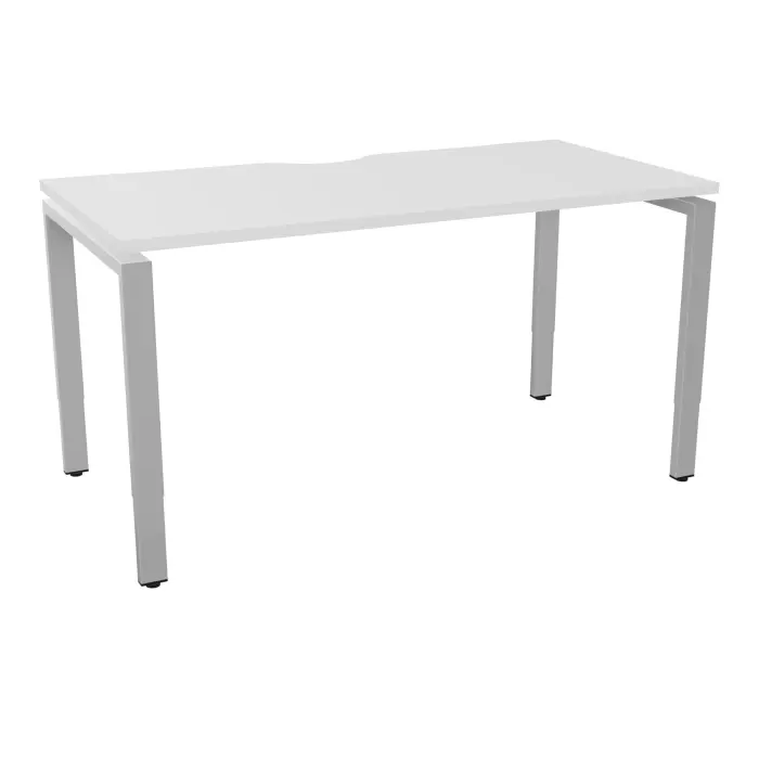 Table de bureau rectangulaire Conect avec échancrure L. 140 x P. 70 cm décor mélamine blanc neige sur pieds arche réglables en hauteur finition métal lisse gris aluminium