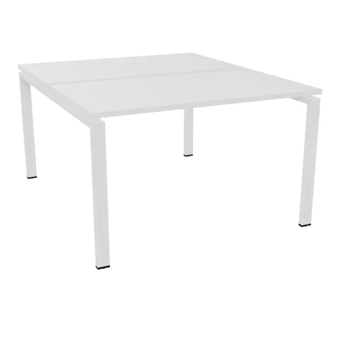 Bureau bench Conect L. 120 x P. 142 cm - 2 plateaux ép. 25 mm mélamine blanc neige - piétement arche rectangulaire fixe métal lisse blanc