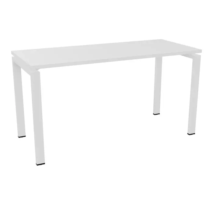 Bureau rectangulaire Conect L. 140 x P. 60 cm mélamine blanc neige percé obturateur piètement arche rectangulaire fixe métal lisse blanc