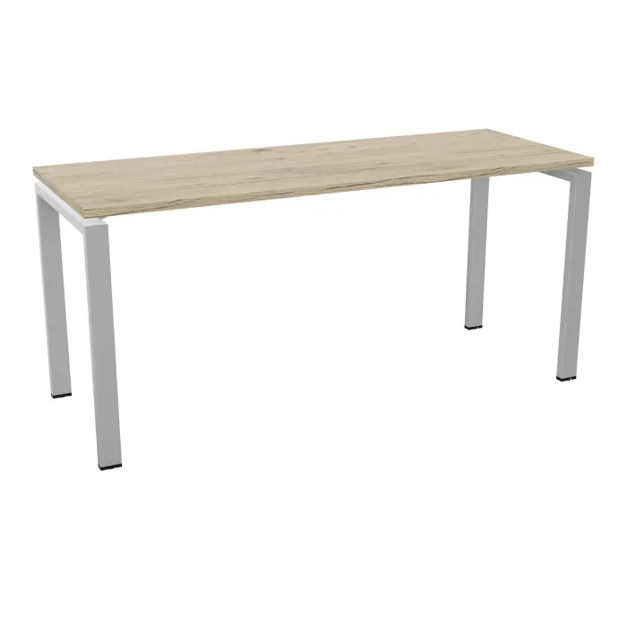 Bureau rectangulaire Conect L. 160 x P. 60 cm mélamine chêne Brunswick percé obturateur piètement arche rectangulaire fixe métal lisse gris aluminium