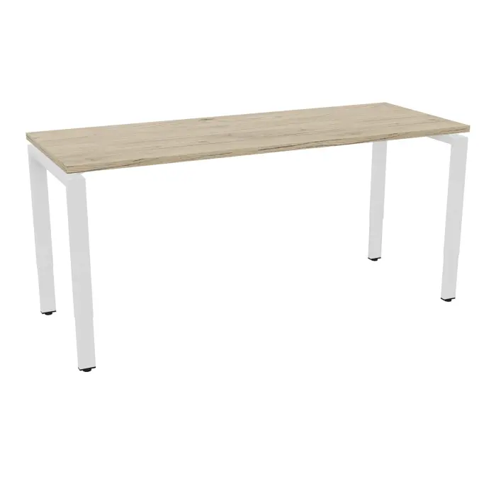 Bureau rectangulaire Conect L. 160 x P. 60 cm mélamine chêne Brunswick percé obturateur piètement arche rectangulaire réglable en hauteur métal lisse blanc