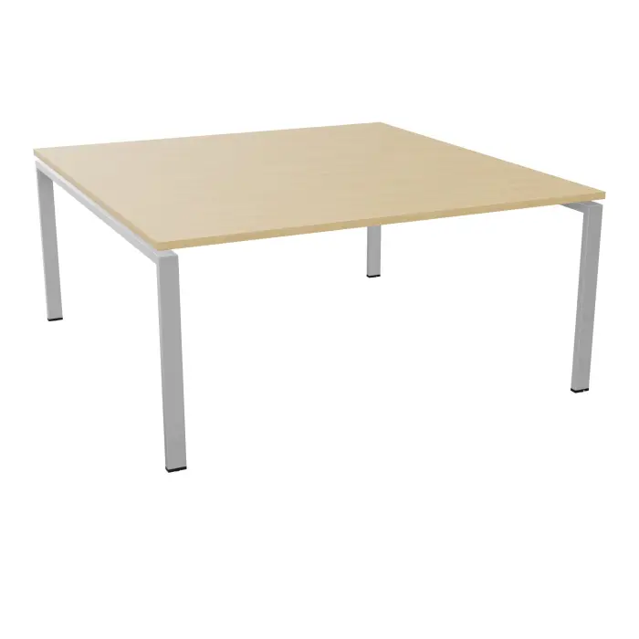 Bureau bench Conect L. 160 x P. 165 cm - monoplateau ép. 25 mm mélamine Chêne naturel - piétement arche rectangulaire fixe métal lisse gris aluminium