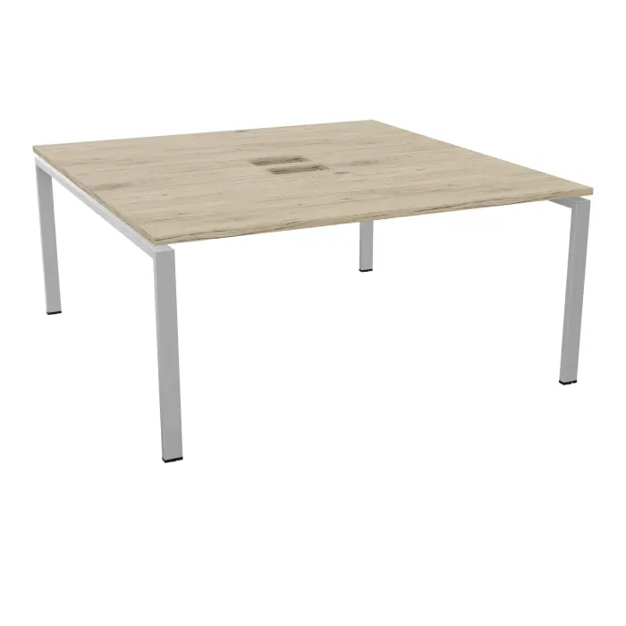 Bureau bench Conect L. 160 x P. 165 cm - monoplateau ép. 25 mm avec découpe pour trappes mélamine chêne Brunswick - piétement arche rectangulaire fixe métal lisse gris aluminium