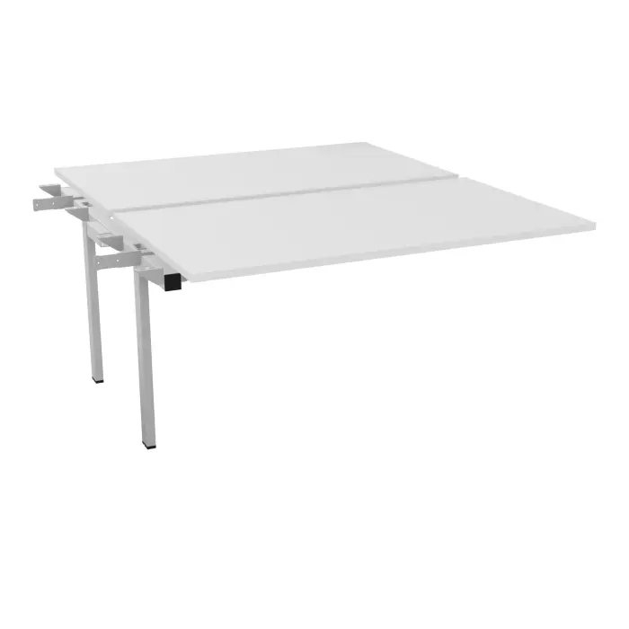 Bureau bench suivant Conect L. 140 x P. 165 cm - 2 plateaux coulissants ép. 25 mm mélamine blanc neige - piétement intermédiaire carré métal lisse gris aluminium
