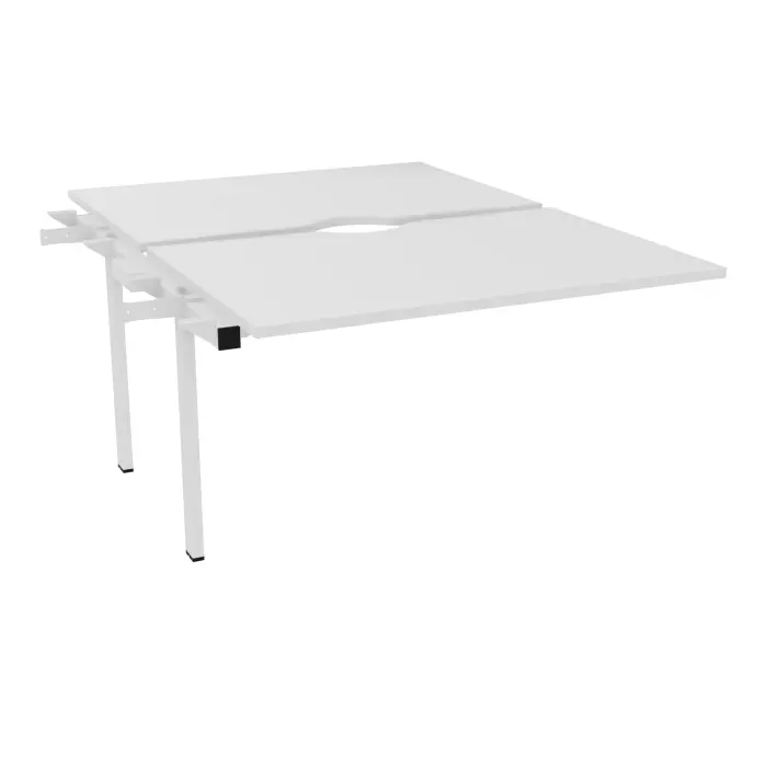 Bureau bench Conect L. 120 x P. 165 cm élément suivant - 2 plateaux avec échancrure ép. 25 mm mélamine blanc neige - piétement intermédiaire fixe métal lisse blanc