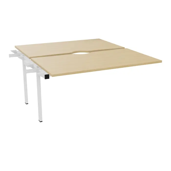 Bureau bench Conect L. 140 x P. 165 cm élément suivant - 2 plateaux avec échancrure ép. 25 mm mélamine Chêne naturel - piétement intermédiaire fixe métal lisse blanc