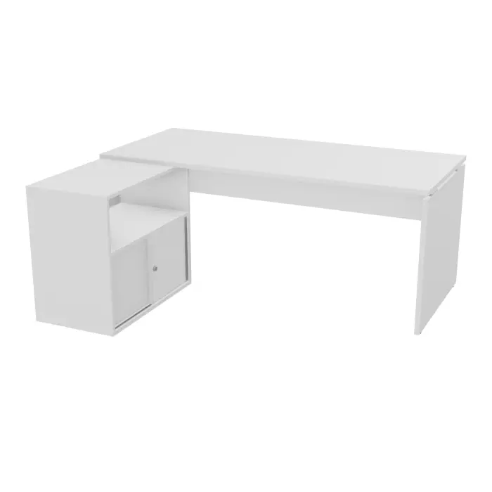 Bureau Forstyl avec meuble retour porteur à gauche plateau L. 180 cm x P. 80 cm mélamine blanc neige piètements panneau mélamine blanc neige