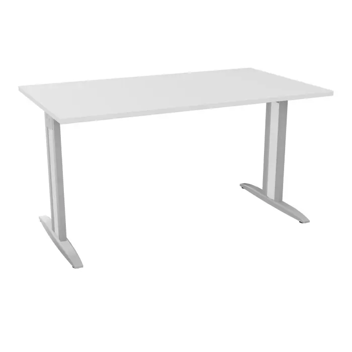 Table de bureau rectangulaire IdoL L. 140 x P. 80 cm décor blanc neige sur pieds I fixes centrés finition gris aluminium avec traverse - carter finition blanc
