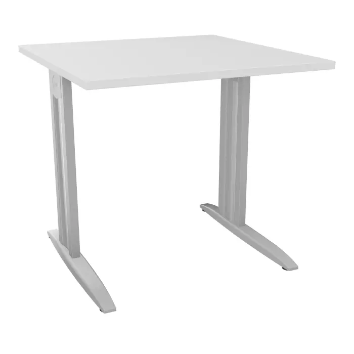 Table de bureau carré IdoL L. 80 x P. 80 cm décor mélamine blanc neige sur pieds L fixes décentrés finition métal lisse gris aluminium avec traverse - carter métal lisse gris aluminium