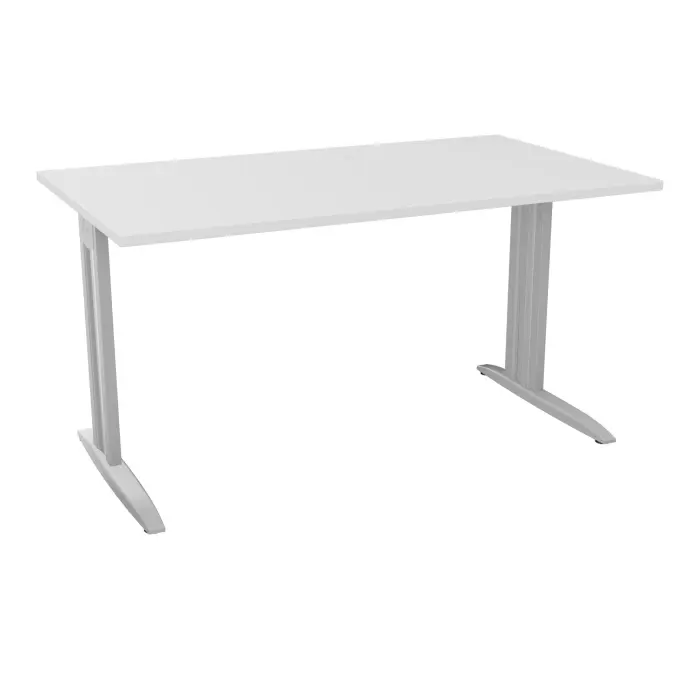 Table de bureau rectangulaire IdoL L. 140 x P. 80 cm décor blanc neige sur pieds L fixes décentrés finition gris aluminium avec traverse - carter finition gris aluminium