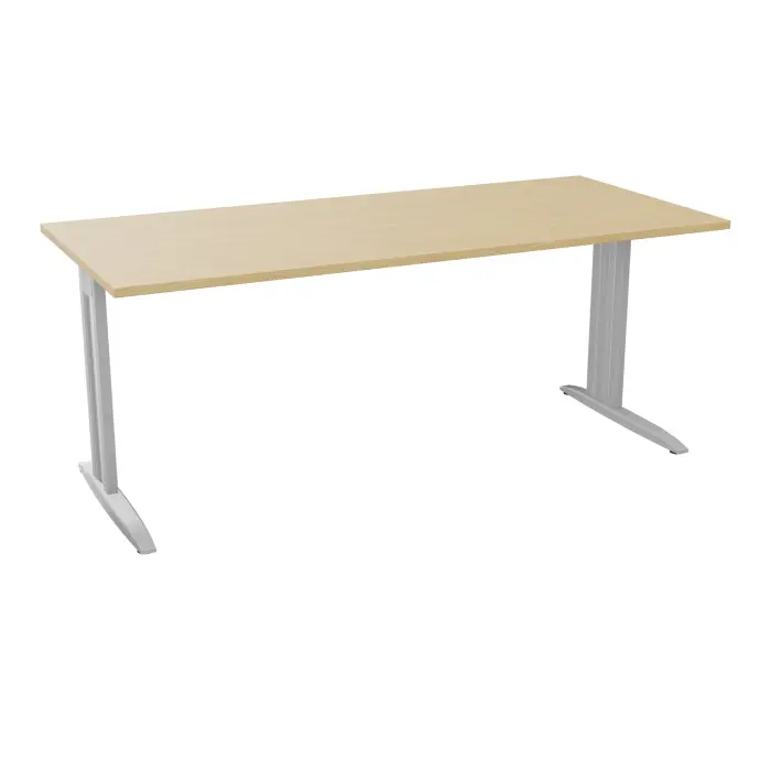 Table de bureau rectangulaire IdoL L. 180 x P. 80 cm décor mélamine Chêne naturel sur pieds L fixes décentrés finition métal lisse gris aluminium avec traverse - carter métal lisse gris aluminium