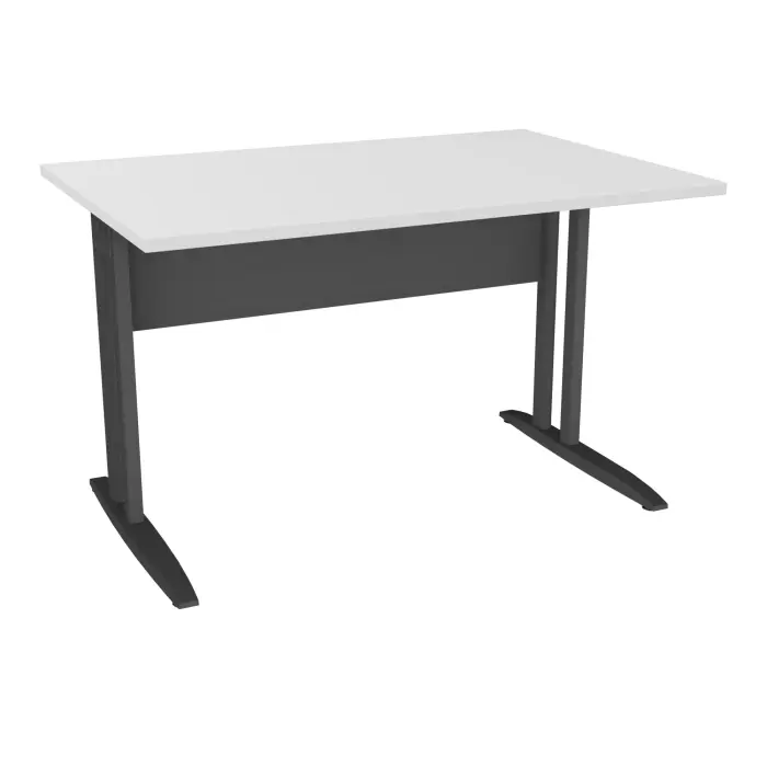 Table de bureau rectangulaire IdoL L. 120 x P. 80 cm décor blanc neige sur pieds L fixes décentrés et voile de fond métal finition gris anthracite sans carter