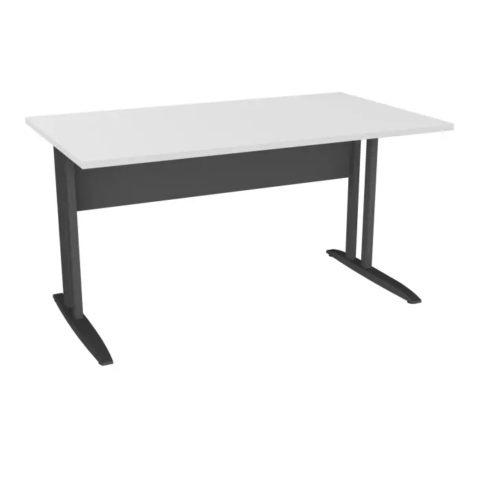 Table de bureau rectangulaire IdoL L. 140 x P. 80 cm décor blanc neige sur pieds L fixes décentrés et voile de fond métal finition gris anthracite sans carter