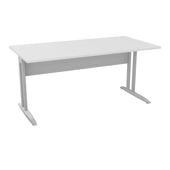 Table de bureau rectangulaire IdoL L. 160 x P. 80 cm décor blanc neige sur pieds L fixes décentrés et voile de fond métal finition gris aluminium sans carter