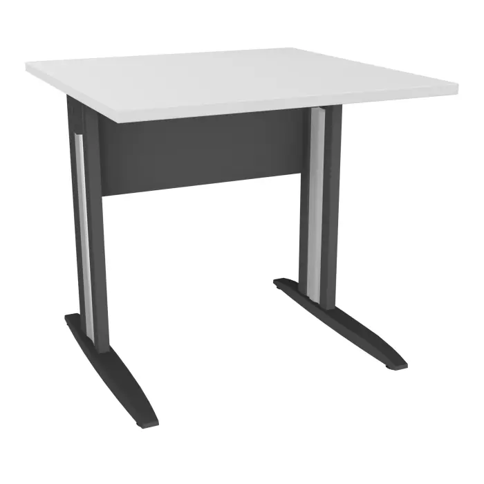 Table de bureau carré IdoL L. 80 x P. 80 cm décor mélamine blanc neige sur pieds L fixes décentrés et voile de fond métal finition métal structuré gris anthracite - carter métal lisse gris aluminium