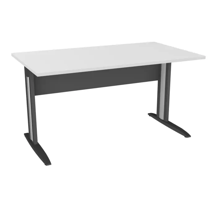 Table de bureau rectangulaire IdoL L. 140 x P. 80 cm décor blanc neige sur pieds L fixes décentrés et voile de fond métal finition gris anthracite - carter finition gris aluminium