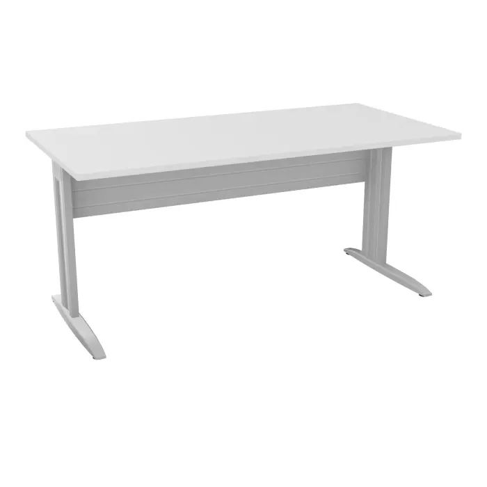 Table de bureau rectangulaire IdoL L. 160 x P. 80 cm décor blanc neige sur pieds L fixes décentrés et voile de fond métal finition gris aluminium - carter finition gris aluminium