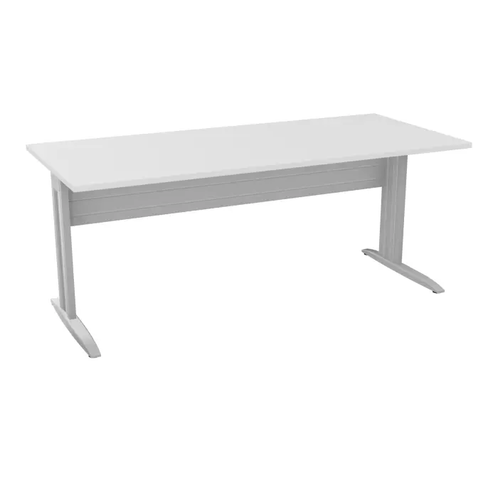 Table de bureau rectangulaire IdoL L. 180 x P. 80 cm décor blanc neige sur pieds L fixes décentrés et voile de fond métal finition gris aluminium - carter finition gris aluminium