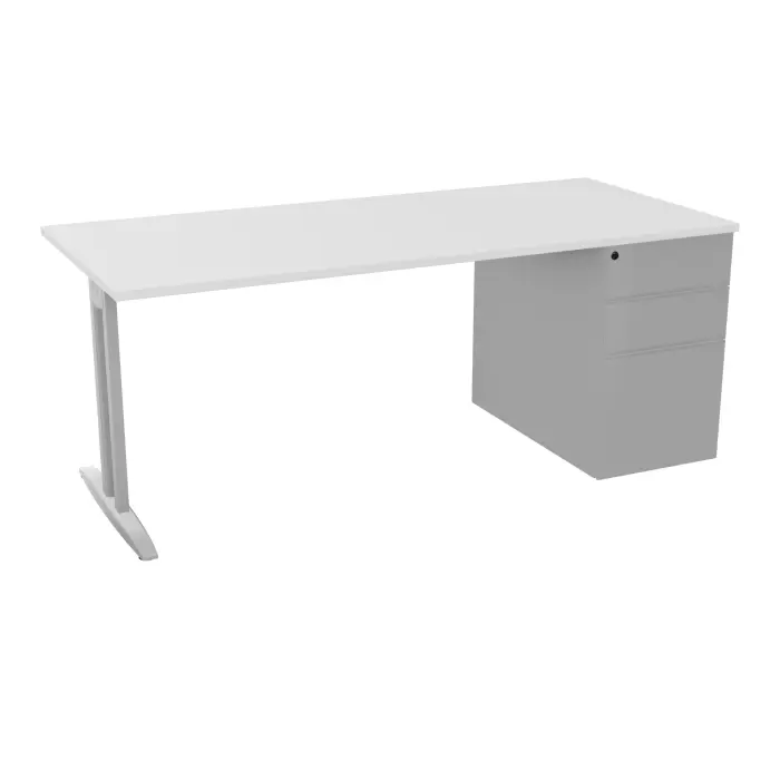 Table de bureau rectangulaire IdoL L. 180  x P. 80 cm décor blanc neige sur pied I fixe centré sans carter finition gris aluminium et caisson porteur à droite assorti