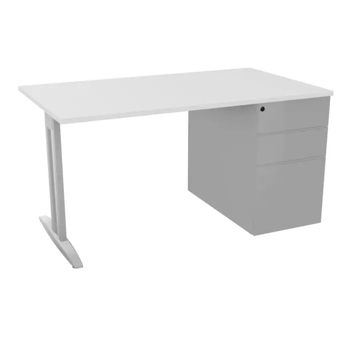 Table de bureau rectangulaire IdoL L. 140  x P. 80 cm décor blanc neige sur pied I fixe centré finition gris aluminium avec caisson porteur à droite assorti et carter gris aluminium
