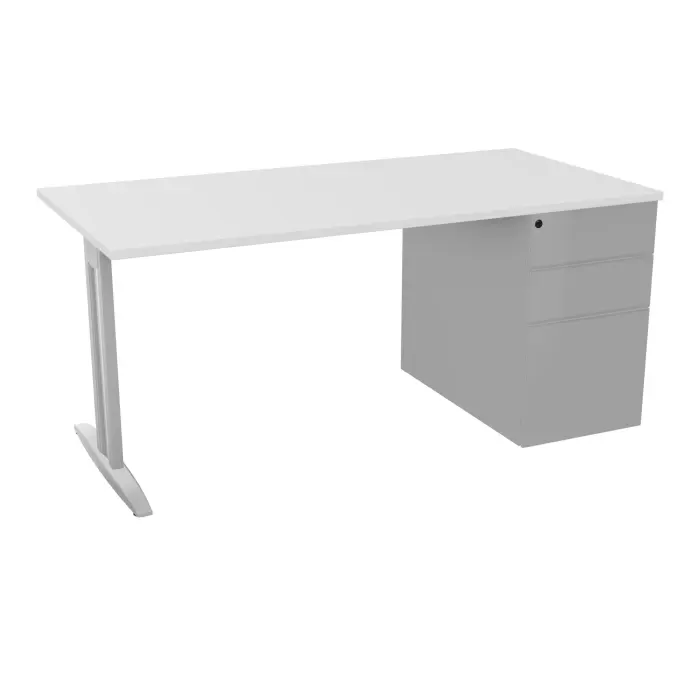 Table de bureau rectangulaire IdoL L. 160  x P. 80 cm décor blanc neige sur pied I fixe centré finition gris aluminium avec caisson porteur à droite assorti et carter gris aluminium