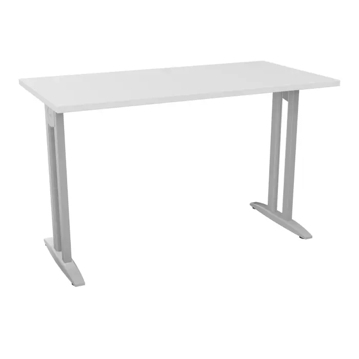 Table de bureau rectangulaire IdoL L. 120 x P. 60 cm décor blanc neige sur pieds I fixes centrés et traverse finition gris aluminium sans carter