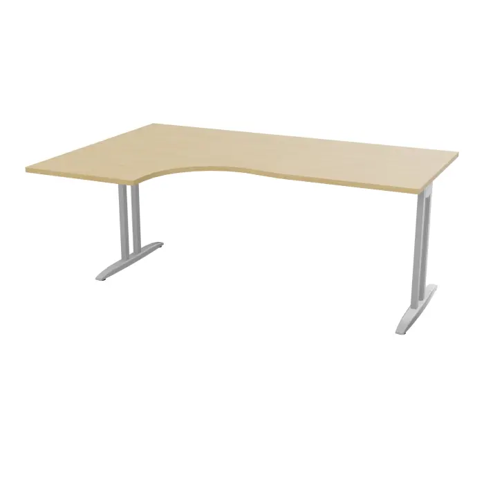 Bureau compact asymétrique 90° IdoL L. 180  x Rt. 60 cm - Retour à gauche décor  mélamine Chêne naturel sur pieds I fixes centrés finition métal lisse gris aluminium avec traverse - sans carter
