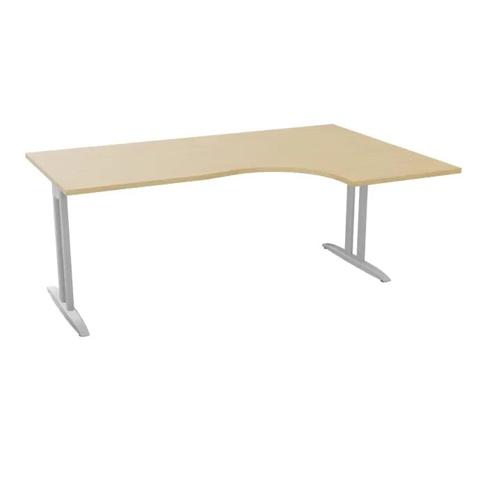 Bureau compact asymétrique 90° IdoL L. 180  x Rt. 60 cm - Retour à droite décor  mélamine Chêne naturel sur pieds I fixes centrés finition métal lisse gris aluminium avec traverse - sans carter