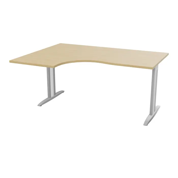 Bureau compact asymétrique 90° IdoL L. 160  x Rt. 60 cm et Retour à gauche décor mélamine Chêne naturel sur pieds I fixes centrés et traverse finition métal lisse gris aluminium - carter métal lisse blanc