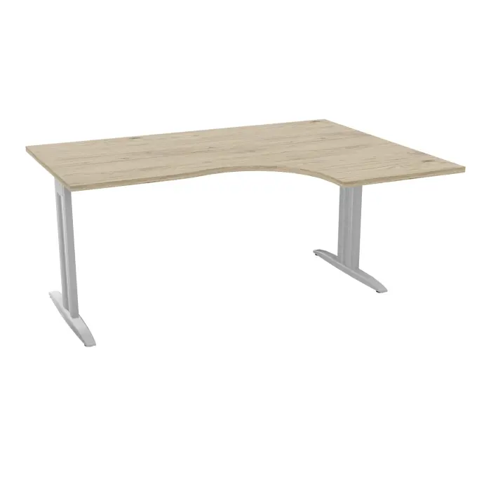 Bureau compact asymétrique 90° IdoL L. 160 x Rt. 60 cm et Retour à droite décor mélamine chêne Brunswick sur pieds I fixes centrés et traverse finition métal lisse gris aluminium - carter métal lisse gris alumi