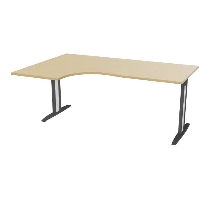 Bureau compact asymétrique 90° IdoL L. 180  x Rt. 60 cm et Retour à gauche décor mélamine Chêne naturel sur pieds I fixes centrés et traverse finition métal structuré gris anthracite - carter métal lisse blanc