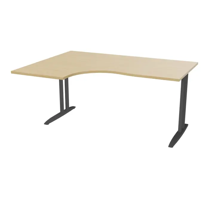 Bureau compact asymétrique 90° IdoL L. 160  x Rt. 60 cm - Retour à gauche décor  mélamine Chêne naturel sur pieds fixes décentrés finition métal structuré gris anthracite avec traverse - sans carter