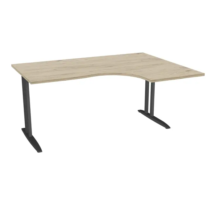 Bureau compact asymétrique 90° IdoL L. 160 x Rt. 60 cm - Retour à droite décor mélamine chêne Brunswick sur pieds fixes décentrés finition métal structuré gris anthraciteavec traverse - sans carter