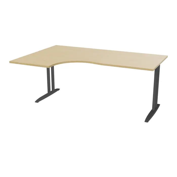 Bureau compact asymétrique 90° IdoL L. 180  x Rt. 60 cm - Retour à gauche décor  mélamine Chêne naturel sur pieds fixes décentrés finition métal structuré gris anthracite avec traverse - sans carter