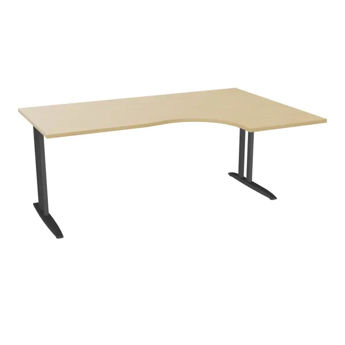 Bureau compact asymétrique 90° IdoL L. 180  x Rt. 60 cm - Retour à droite décor  mélamine Chêne naturel sur pieds fixes décentrés finition métal structuré gris anthracite avec traverse - sans carter