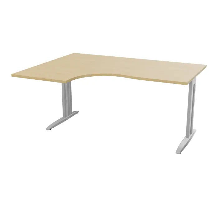 Bureau compact asymétrique 90° IdoL L. 160  x Rt. 60 cm et Retour à gauche décor mélamine Chêne naturel sur pieds fixes décentrés et traverse finition métal lisse gris aluminium - carter métal lisse gris alumin