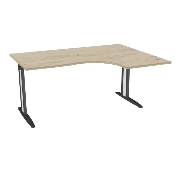 Bureau compact asymétrique 90° IdoL L. 160 x Rt. 60 cm et Retour à droite décor mélamine chêne Brunswick sur pieds fixes décentrés et traverse finition métal structuré gris anthracite - carter métal lisse blanc