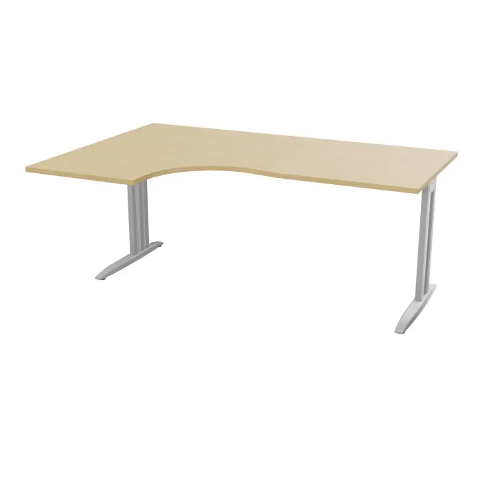 Bureau compact asymétrique 90° IdoL L. 180  x Rt. 60 cm et Retour à gauche décor mélamine Chêne naturel sur pieds fixes décentrés et traverse finition métal lisse gris aluminium - carter métal lisse gris alumin