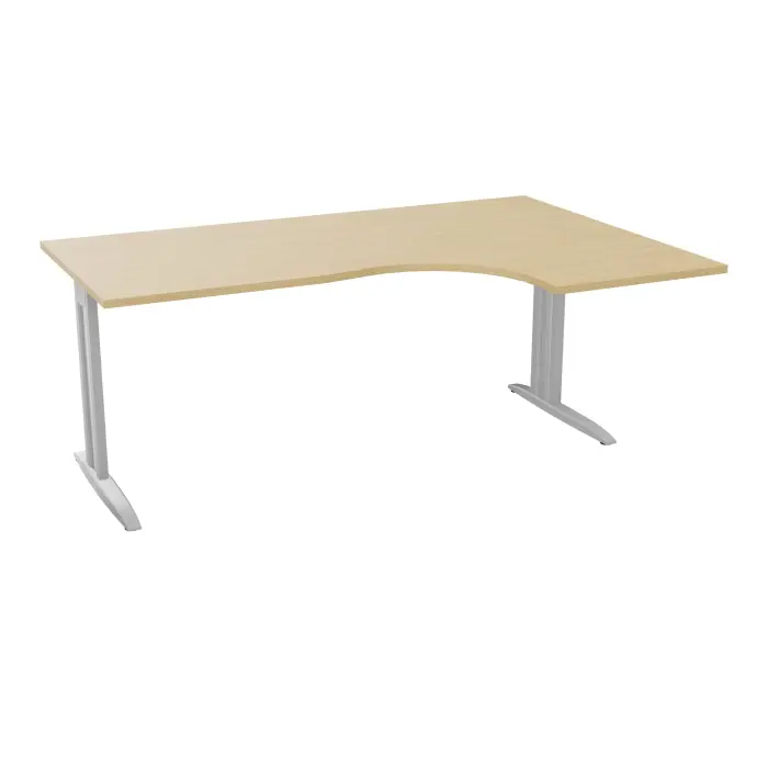 Bureau compact asymétrique 90° IdoL L. 180  x Rt. 60 cm et Retour à droite décor mélamine Chêne naturel sur pieds fixes décentrés et traverse finition métal lisse gris aluminium - carter métal lisse gris alumin