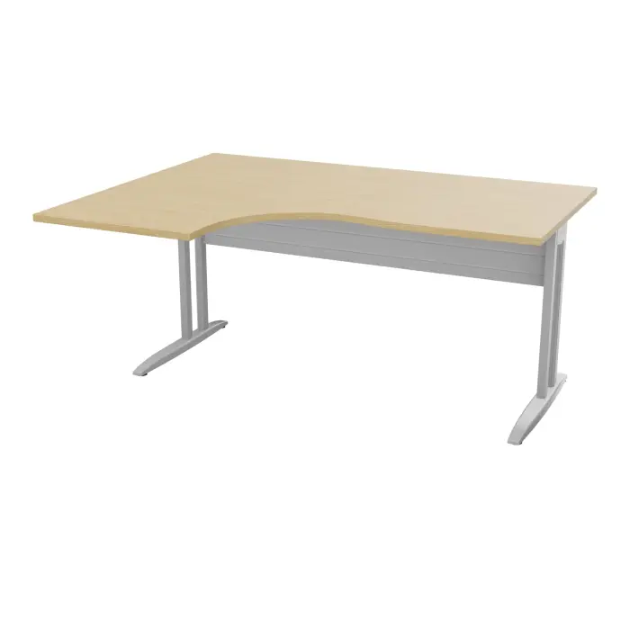 Bureau compact asymétrique 90° IdoL L. 160  x Rt. 60 cm - Retour à gauche décor  mélamine Chêne naturel sur pieds fixes décentrés et voile de fond métallique finition métal lisse gris aluminium sans carter